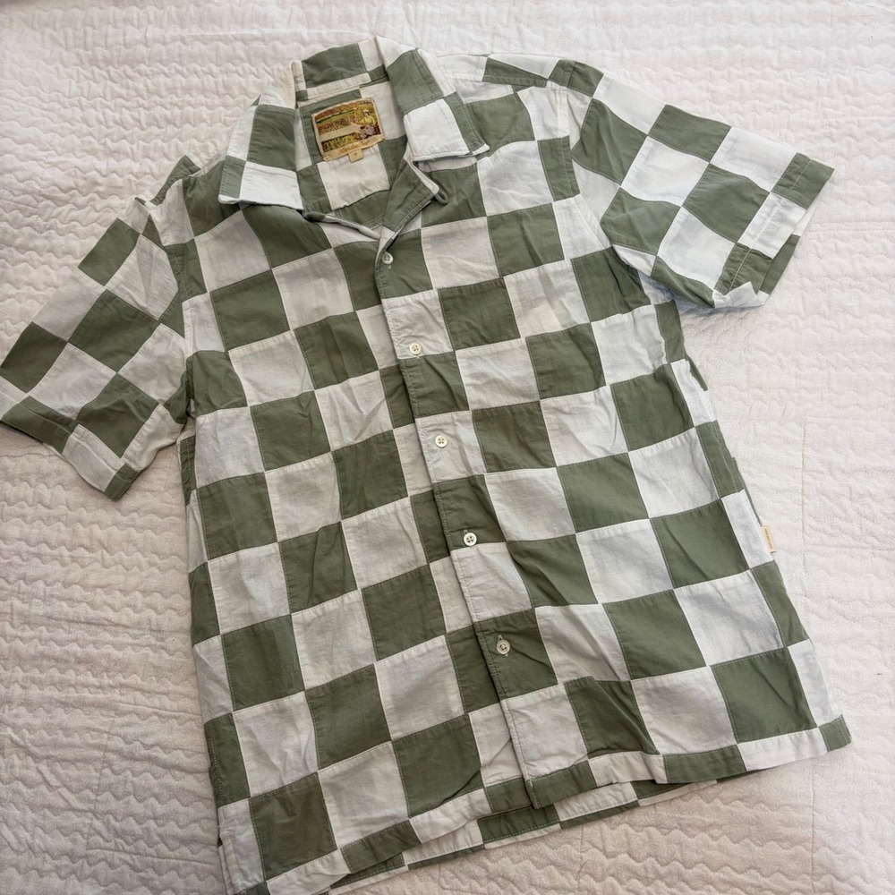 Aime Leon Dore Mens Patchwork Checkered Shirt Olive Green White Cotton Small